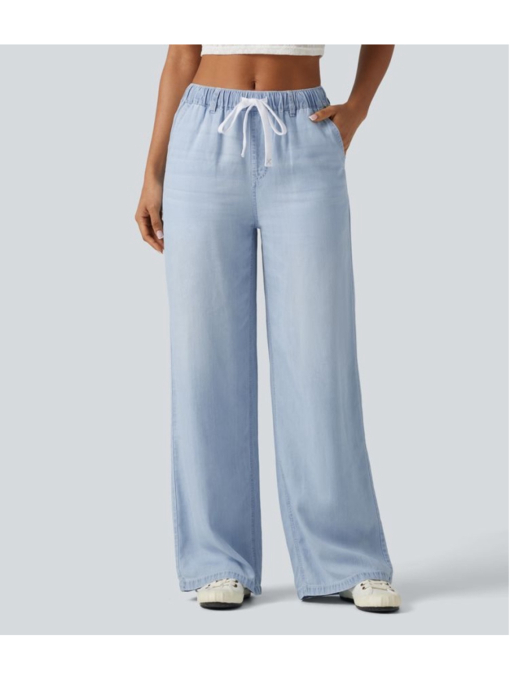 Halara Mid Rise Drawstring Casual Jeans with Pockets Lt Blue Size Large Petite n